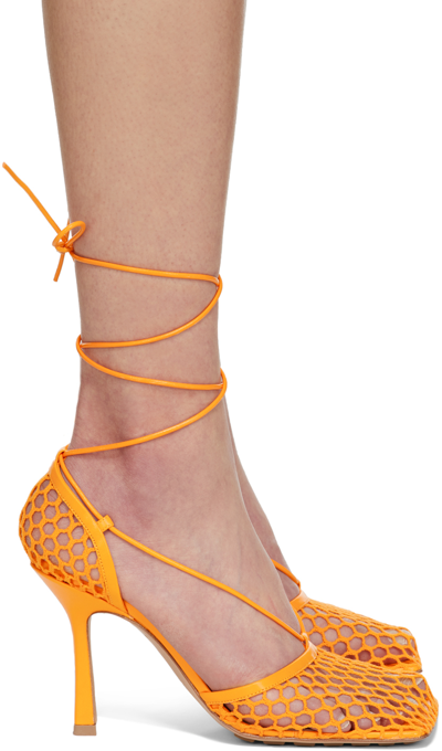 Bottega Veneta Stretch Square-toe Ankle-strap Mesh Pumps In Orange