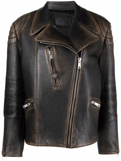 Prada Black Vintage-effect Leather Biker Jacket In F0002 Nero