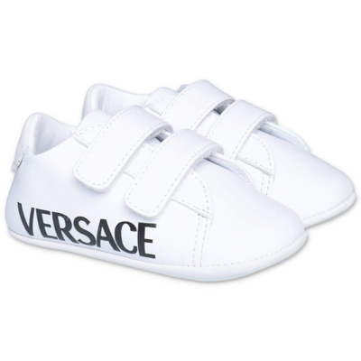 Versace White Nappa  Prewalker Shoes With Velcro In Bianco