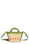 Marni Micro Tropicalia Logo Woven Top Handle Bag In Sand Storm/herb