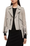 Allsaints Womens Pale Grey Balfern Suede Biker Jacket 16