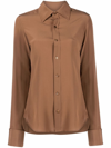 Saint Laurent Button-down Chemise Silk Top In Marrone