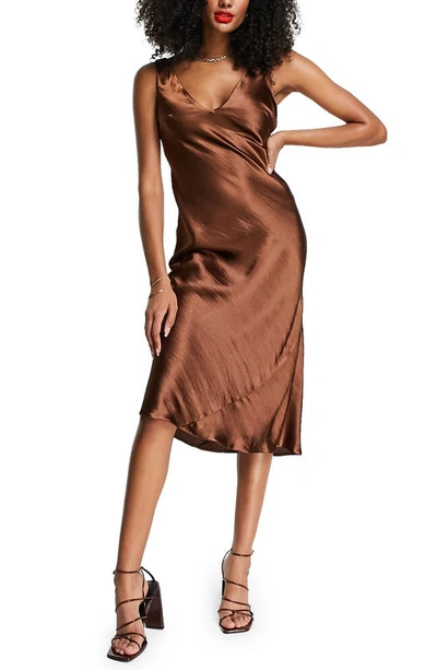 Asos Design Bias Cut Satin Midi Slip Dress With Soft V Neckline Detail In Brown