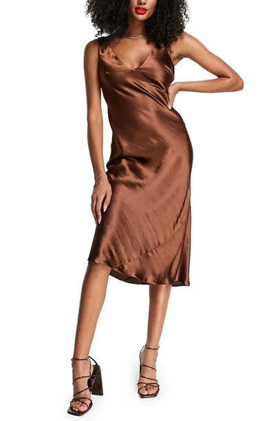 Asos Design Bias Cut Satin Midi Slip Dress With Soft V Neckline Detail In  Brown | ModeSens