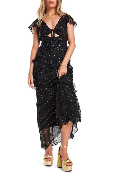 bias cut tea dress Asos Design Bias Cut Tea Maxi Dress With Ruffle Sleeve In Fil Coupe-black