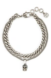 Alexander Mcqueen Men's Pavé Swarovski Crystal Skull Double Chain Bracelet In Silver