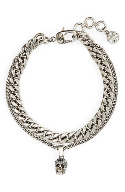 Alexander Mcqueen Men's Pav&eacute; Swarovski Crystal Skull Double Chain Bracelet In Metallic
