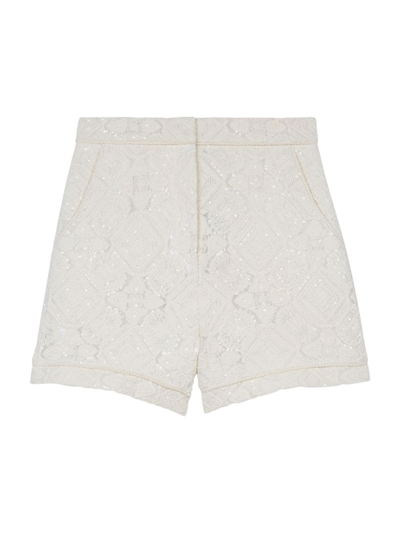Maje Tulle Shorts Embroidered With Sequins In Ecru