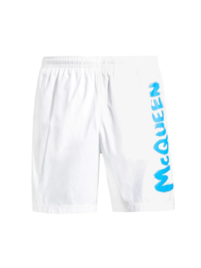 Alexander Mcqueen Air Brush Logo Swim Shorts In White Sky Blue