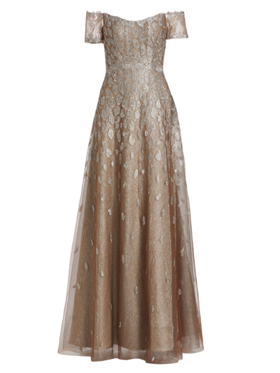 Rene Ruiz Collection Embroidered Off-the-shoulder Gown In Champagne