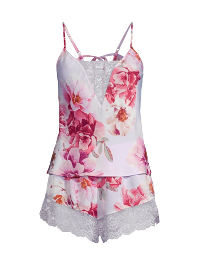 In Bloom 2-piece Phoebe Floral Satin Lace-trim Cami Short Set In Hushed Lilac