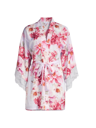 In Bloom Phoebe Floral Satin Lace-trim Dressing Gown In Hushed Lilac