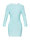 Herve Leger Crewneck Long-sleeve Short Ponte Dress In Aqua