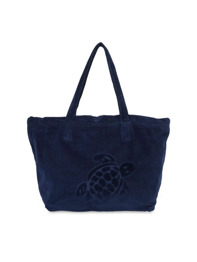 Vilebrequin Turtle Print Cotton Tote In Bleu Marin