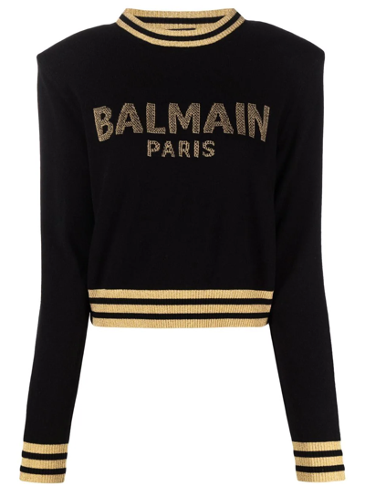 Balmain Logo羊毛混纺针织短款毛衣 In Black