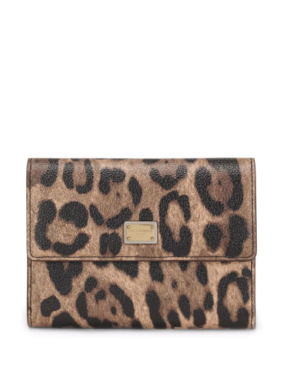 Dolce & Gabbana Leopard-print Tri-fold Wallet In Braun