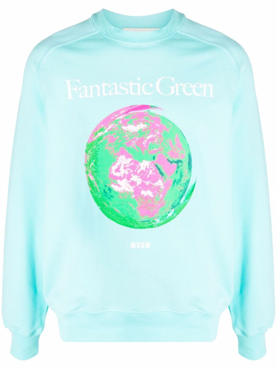 Msgm Graphic-print Organic-cotton Sweatshirt In Blau