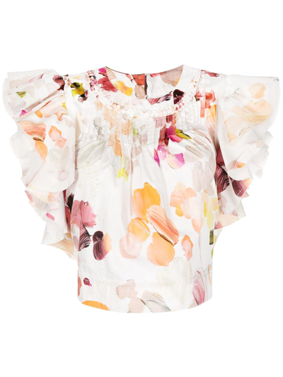 Aje Dassia Flutter Sleeve Cotton Crop Top In Wall Paper Floral