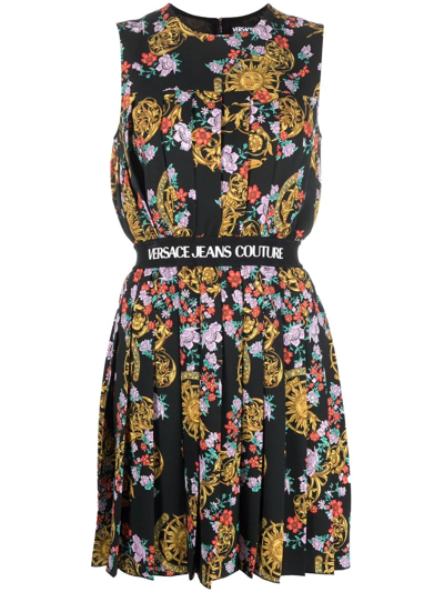 Versace Jeans Couture Light Crepe Sunflower Print Dress In Black