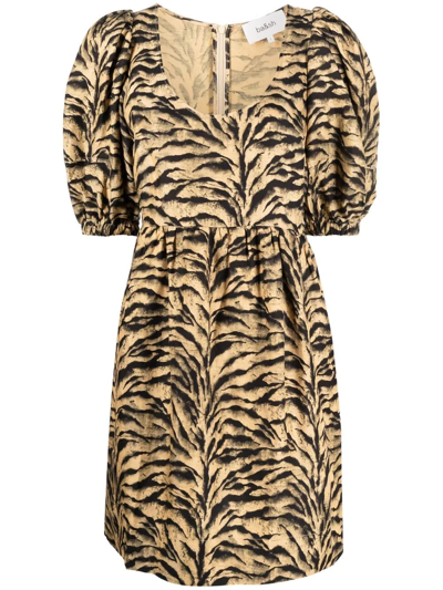 Ba&sh Puff-sleeve Mini Linen-blend Dress In Brown