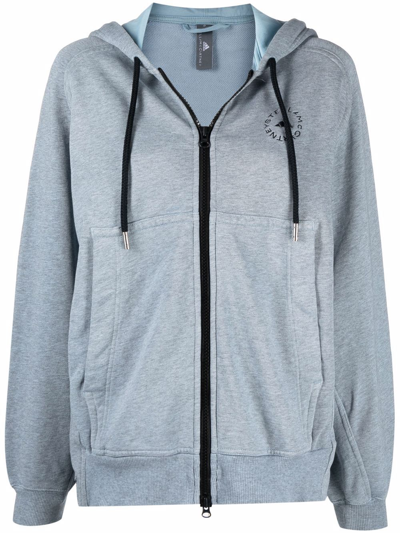 Adidas By Stella Mccartney Logo-jacquard Mélange French Cotton-terry Hoodie In Blue