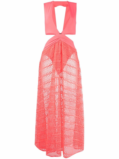 Patbo Plunge Crochet Cut Out Long Dress In Neon Coral