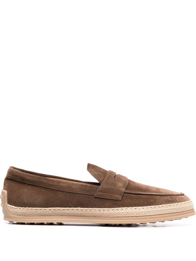 Tod's Woven Trim Penny Loafers In Braun
