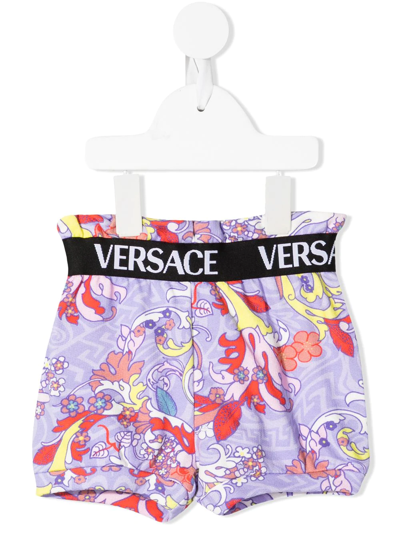 Versace Babies' Baroque-print Logo-tape Shorts In Purple
