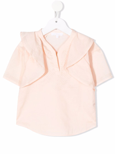 Chloé Kids' Contrast-stitching Ruffle Blouse In Neutrals