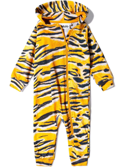 Molo Babies' Tiger-print Hooded Romper In Yellow