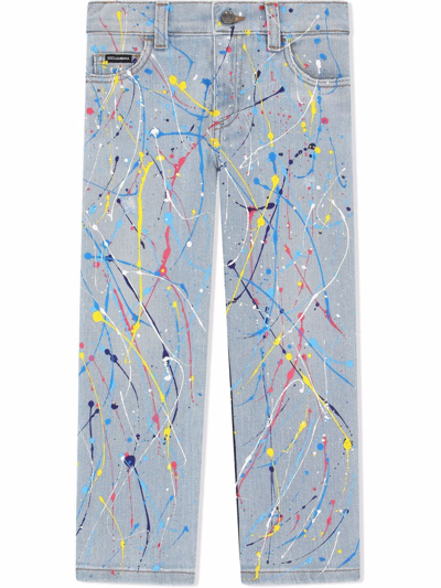 Dolce & Gabbana Kids' Stonewashed Paint-splatter Jeans In Blue