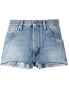 OFF-WHITE LOGO-PRINT FRAYED-EDGE DENIM SHORTS