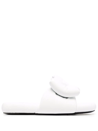 Off-white Puffy Leather Bow Flat Sandals In White