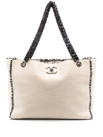 Pre-owned Chanel 2009-2010 Cc Tweed Tote Bag In Neutrals