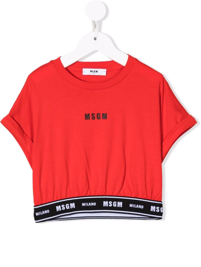 Msgm Kids' Logo-print Hem T-shirt In Red