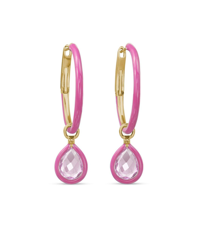 Nina Runsdorf 18k Rose Gold Small Enamel Hoop Earrings With Topaz Flip Charms In Webster Pink And Rose Gold