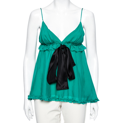 Pre-owned Dolce & Gabbana Green Silk Tie Detail Ruffled Sleeveless Top S