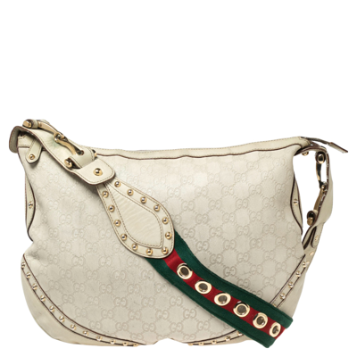 Pre-owned Gucci Ssima Leather Studded Pelham Hobo In White