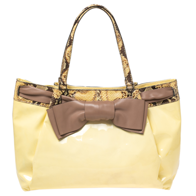 Pre-owned Valentino Garavani White/brown Patent Leather And Python Large Aphrodite Bow Bag