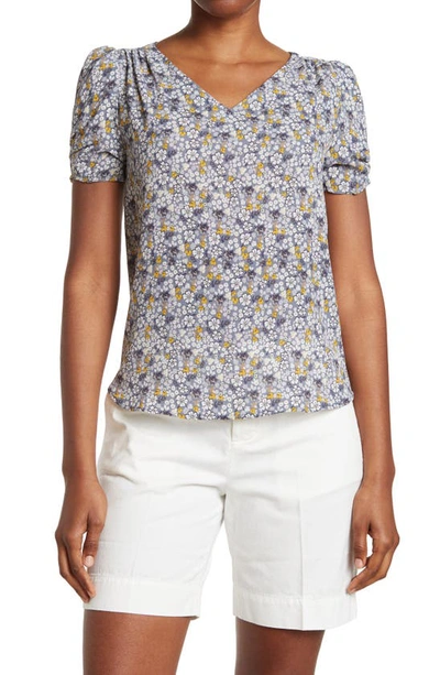 Adrianna Papell Printed V-neck Ruched Sleeve Pebble Crepe Top In Dusty ...