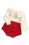 Ashmi And Co Isabella Ruffle Collar Colorblock Knit Cotton Bodysuit In Red