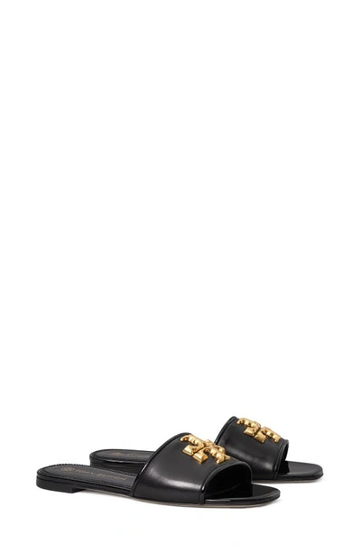 Tory Burch Eleanor Leather Medallion Flat Slide Sandals In Perfect Black