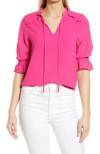 Cece Clip Dot Tie Front Top In Bright Rose