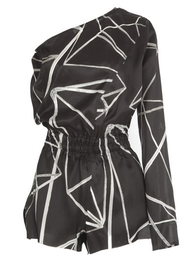 Rick Owens Geometric Printed One-shoulder Jumpsuit In Nero