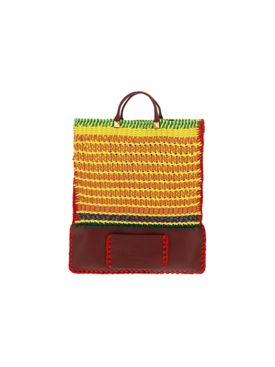 Valentino Garavani Vg Crochet Leather Flat Tote Bag In Red
