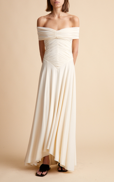 Khaite Punzel Off-the-shoulder Asymmetric Ruched Jersey-crepe Maxi Dress In White