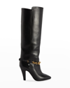 Saint Laurent Leather Boots With Gold Tone Chain Detail In Black