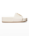 Tory Burch Woven Platform Slides With Logo Plaque In White Leather Woman In New Ivory New Iv