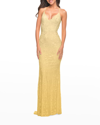 La Femme Open-back Stretch Lace Column Gown In Pale Yellow
