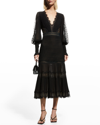 Tadashi Shoji Lace Pintuck Long Sleeve Midi Cocktail Dress In Blacknude